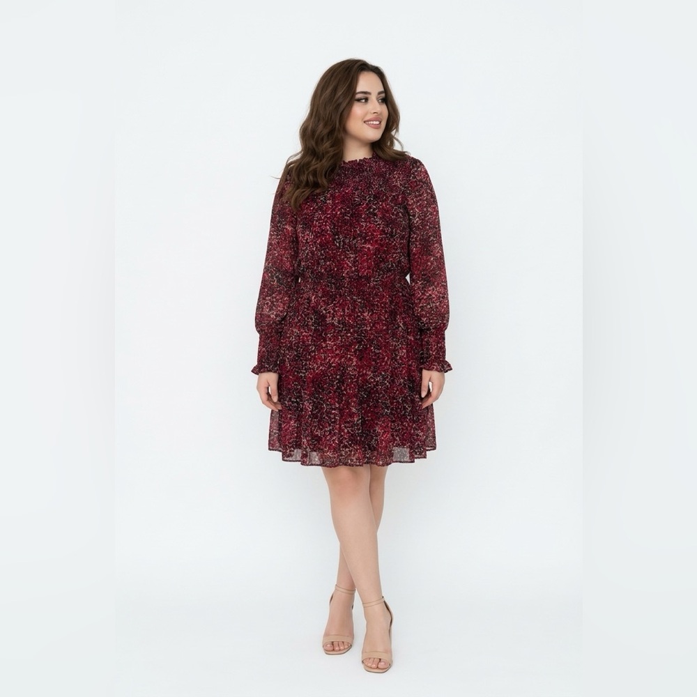 Just...Taylor Burgundy Floral Ruffle-Neck Midi Dress. Sz 16